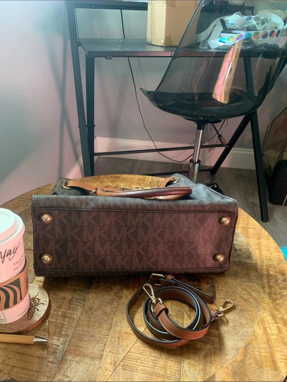 Michael Kors Brown Monogram Satchel with Tan Trim and Gold Hardware